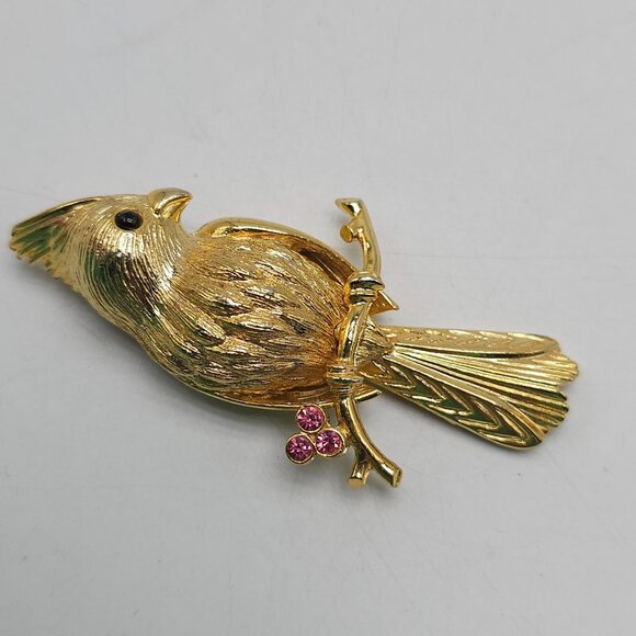 Vintage Gerry's Gold Tone Bird Brooch With Pink Rhinestones Cardinal Design - Picture 2 of 4